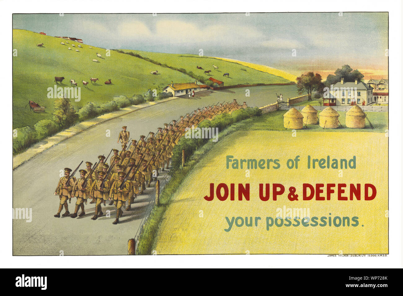 During World War I, (1914–1918) the impact of the poster as a means of communication was greater than at any other time during history, asking men to do their duty and join the military forces.  At the outbreak of war, most Irish people, regardless of political affiliation, supported the war in much the same way as their British counterparts,and both nationalist and unionist leaders initially backed the British war effort. The posters had a remarkable ability to inspire, inform, and persuade would be volunteers. Stock Photo