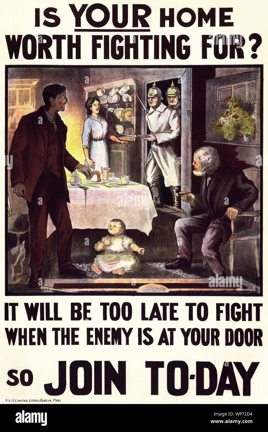 During World War I, (1914–1918) the impact of the poster as a means of communication was greater than at any other time during history, asking men to do their duty and join the military forces.  The perceived threat from Germany at the outbreak of war, meant most Irish people, regardless of political affiliation, supported the war in much the same way as their British counterparts, with  both nationalist and unionist leaders initially backing the British war effort. Stock Photo