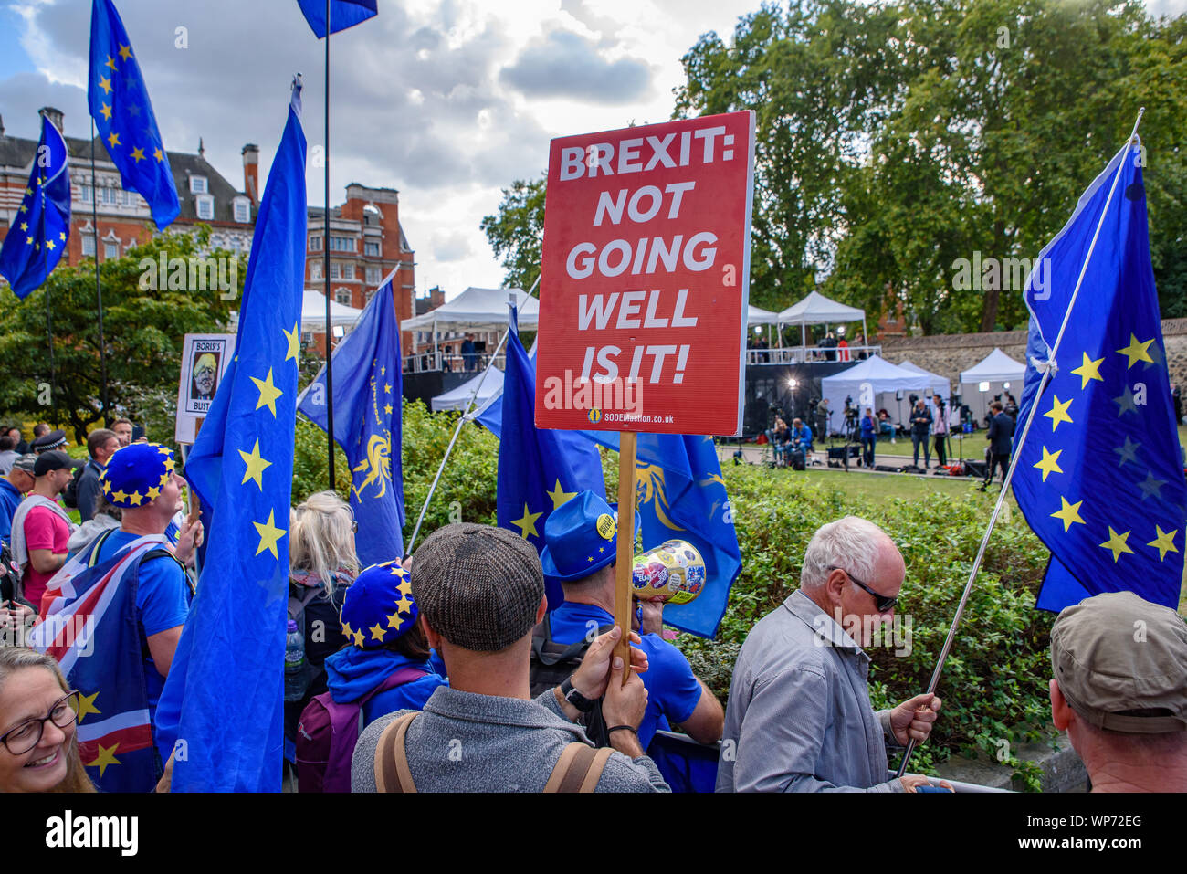 People protesting against no-deal Brexit, Boris Johnson the Prime Minister of UK, and the UK government at Parliament Square, London Stock Photo