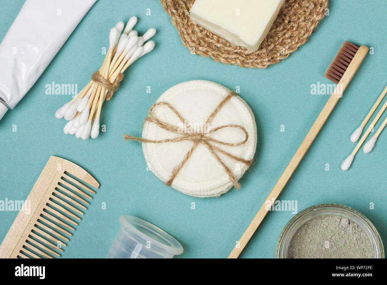 Set of eco-friendly plastic-free body care items on the grey background ...