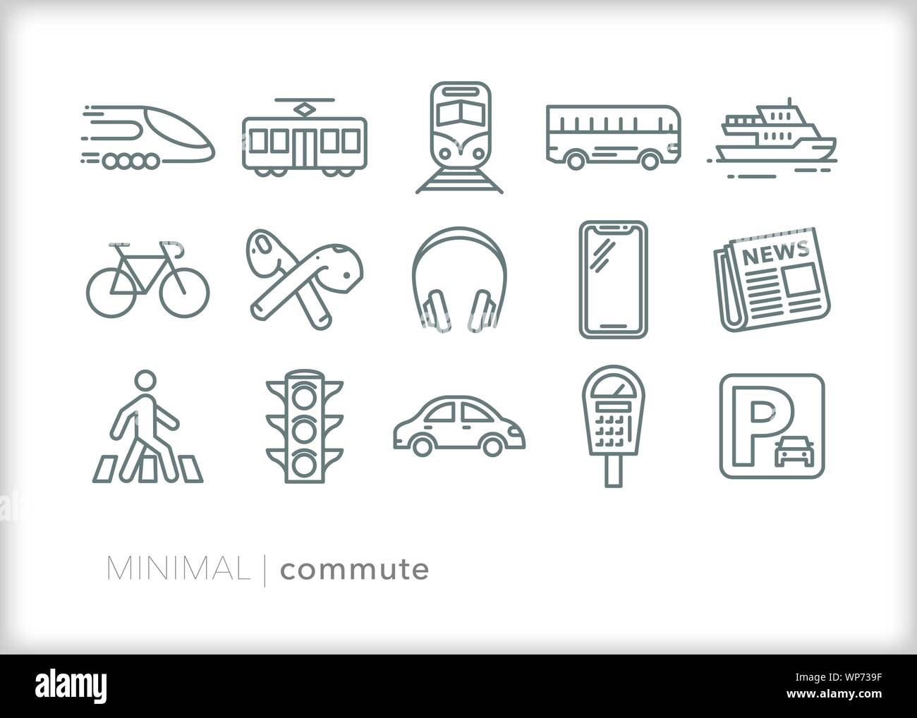 Set of 15 commute line icons for daily transportation to work Stock Vector