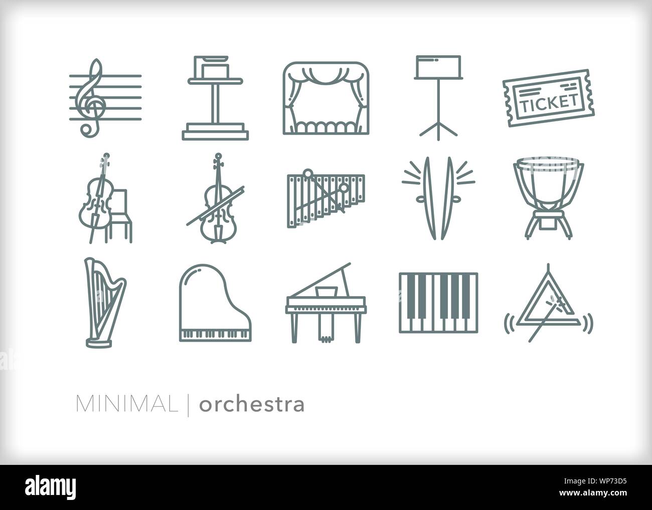 Set of 15 orchestra line icons for music and performance Stock Vector