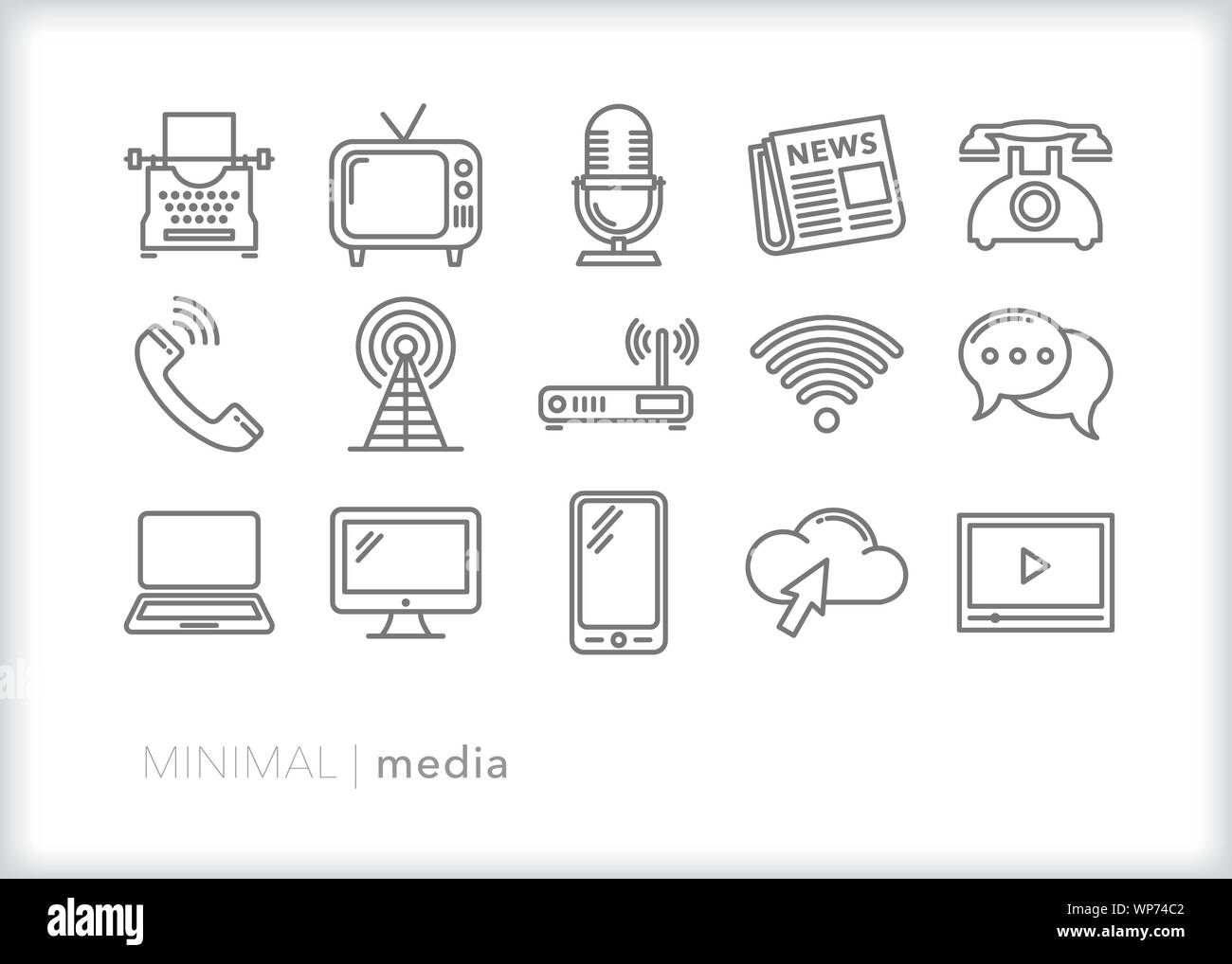 Set of 15 media line icons of technology and forms of communication, information and news Stock Vector
