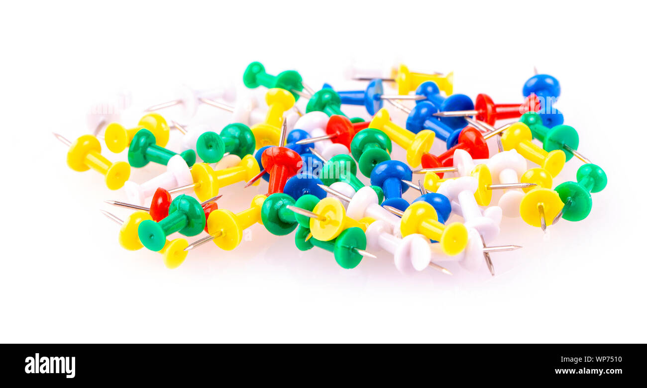 The new colored pushpins on white background Stock Photo