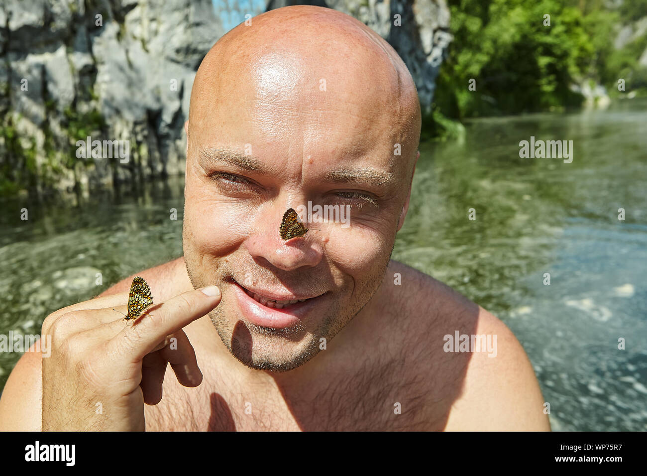 A close-up of the face of a bald male entomologist, and a naturalist who studies butterflies in the forest river ecosystem. Moths sit on the scientist Stock Photo
