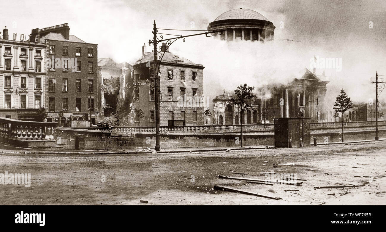 The Irish Civil War (28 June 1922 – 24 May 1923), was a conflict that followed the Irish War of Independence and accompanied the establishment of the Irish Free State. On 14 April 1922, Dublin's Four Courts complex was occupied by IRA forces led by Rory O'Connor, rebels who opposed the Anglo-Irish Treaty.  On 27 June the new National Army attacked the building to dislodge the rebels, on the orders of the Minister for Defence Richard Mulcahy, authorised by President of Dáil Éireann Arthur Griffith. It provoked a week of fighting during which, the historic building was destroyed by bombardment. Stock Photo