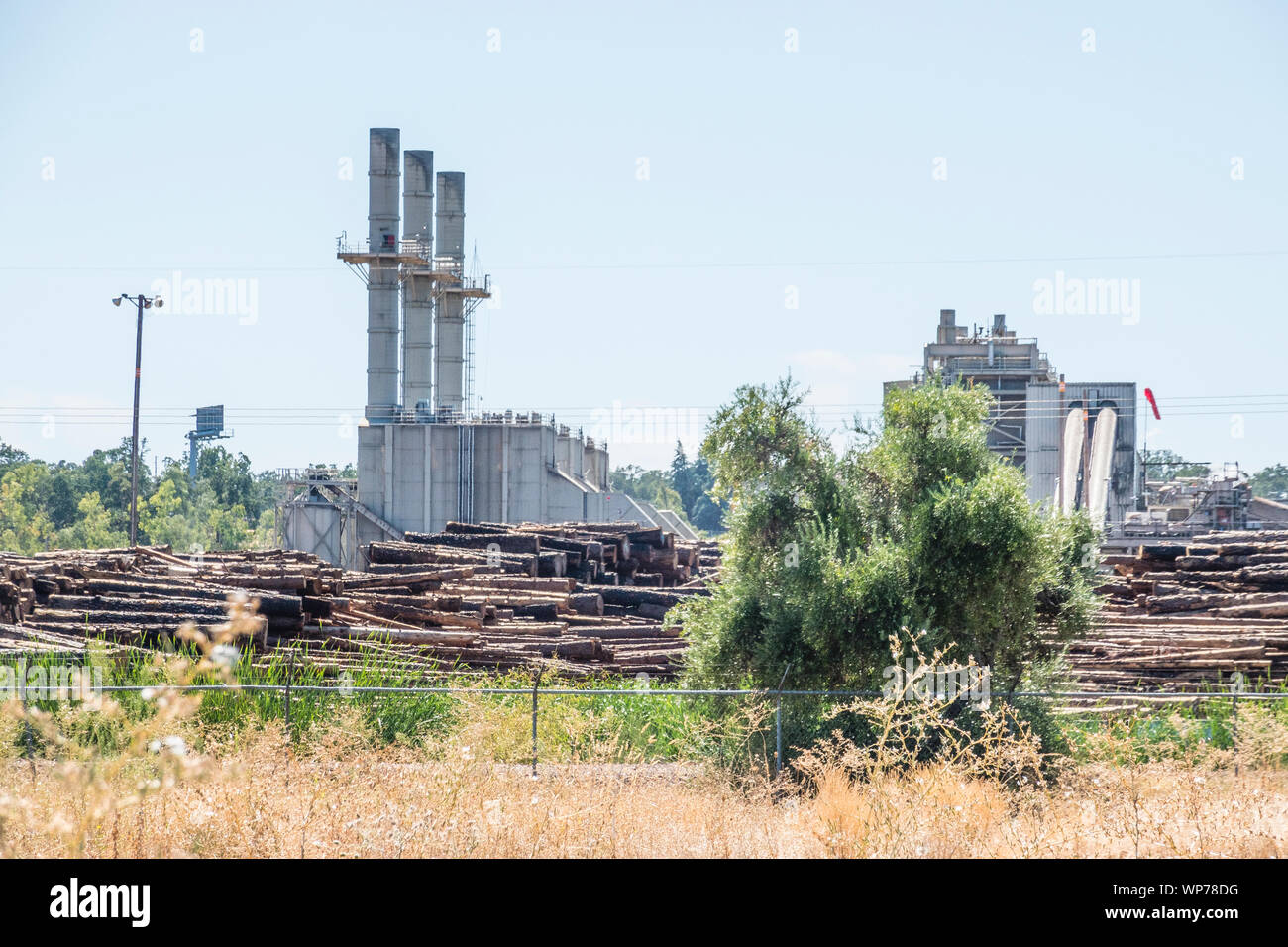 A large lumber mill in Southern Oregon with three large smoke stacks