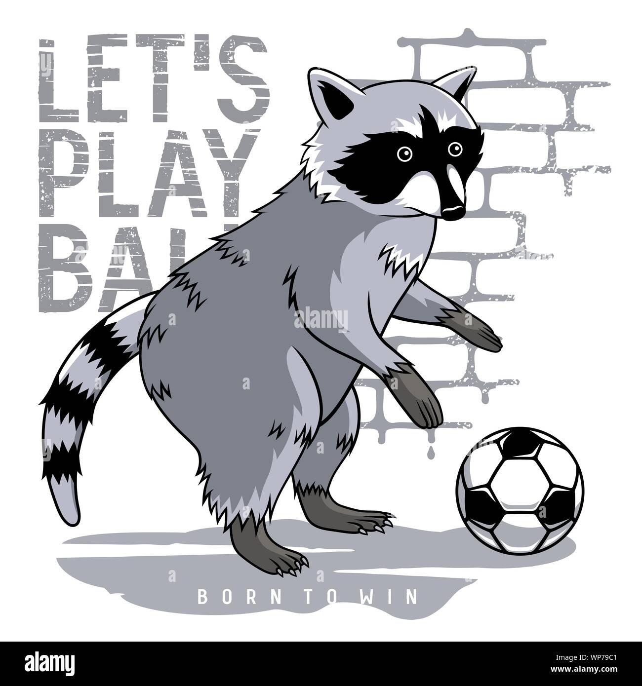 Raccoon playing football or soccer ball and slogan typography for child t-shirt design. Child graphic tee. Vectors Stock Vector