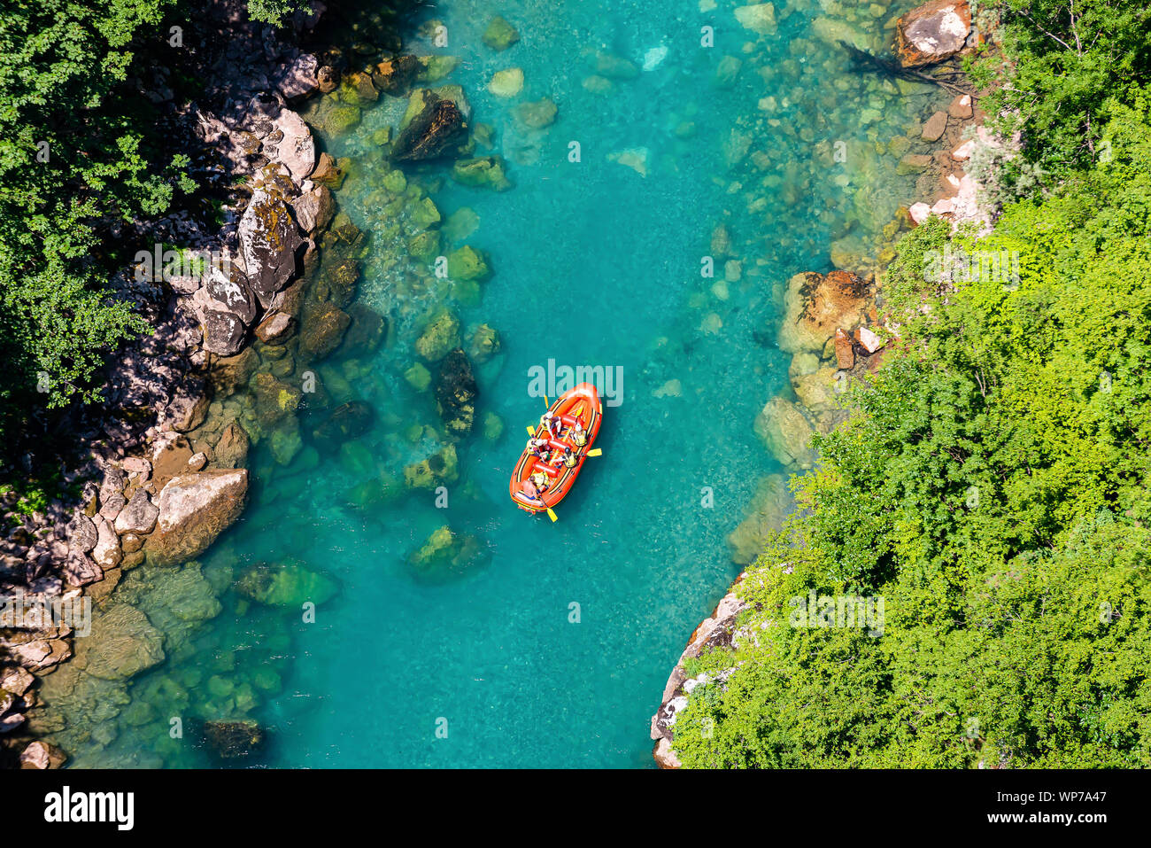 Aerial view of rafting on river Tara, Montenegro, Durmitor Stock Photo
