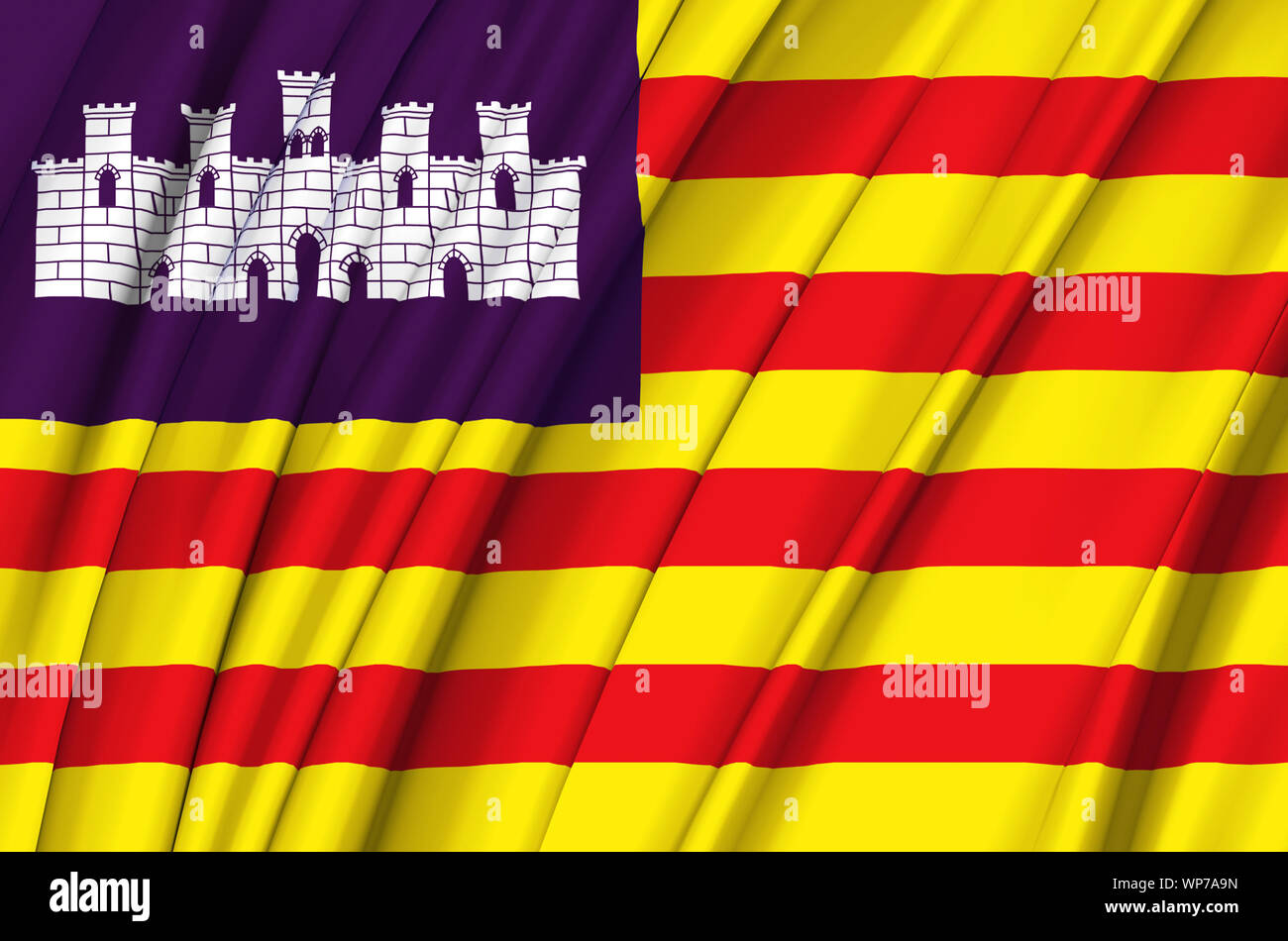 Balearic Islands waving flag illustration. Regions and cities of Spain ...