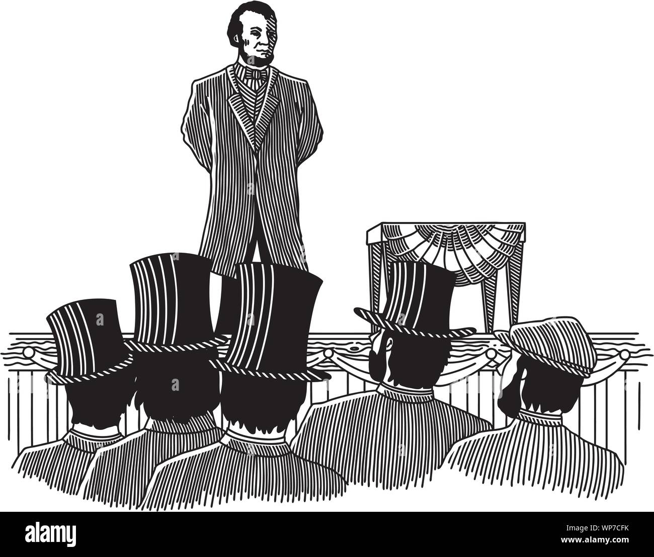 Illustration of Abraham Lincoln giving the Gettysburg Address in 1863. Stock Vector
