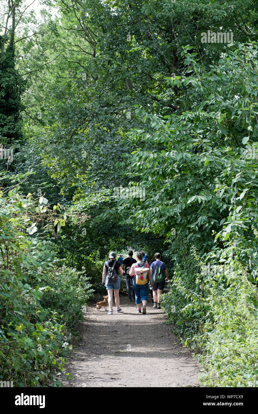 People walking along the Parkland Walk a disused railway line now an urban nature reserve, London Borough of Haringey England Britain UK Stock Photo