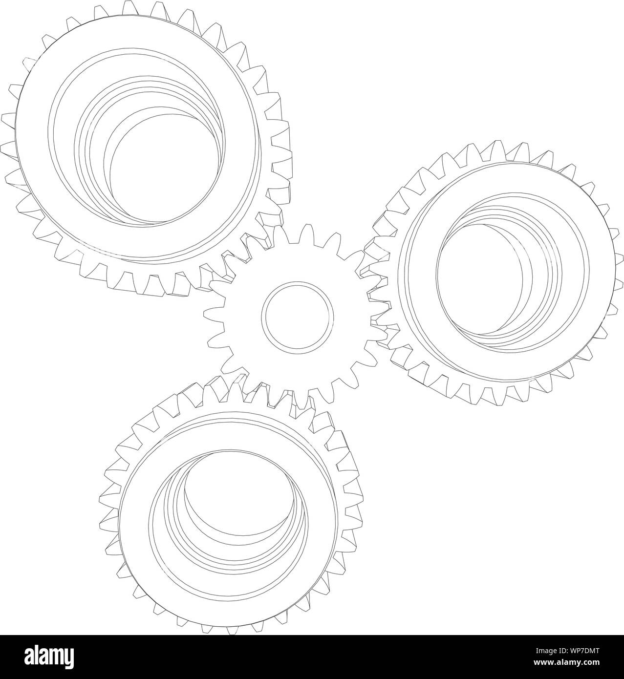 Four wireframe gears. Front view. Vector illustration Stock Vector