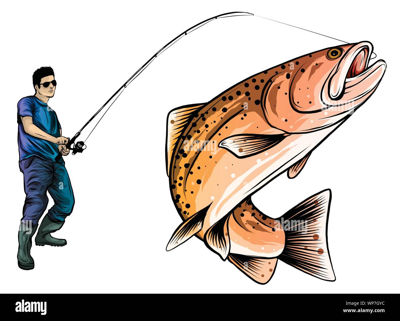 Fishing design for vector. A fisherman catches a boat on a wave. Stock Vector