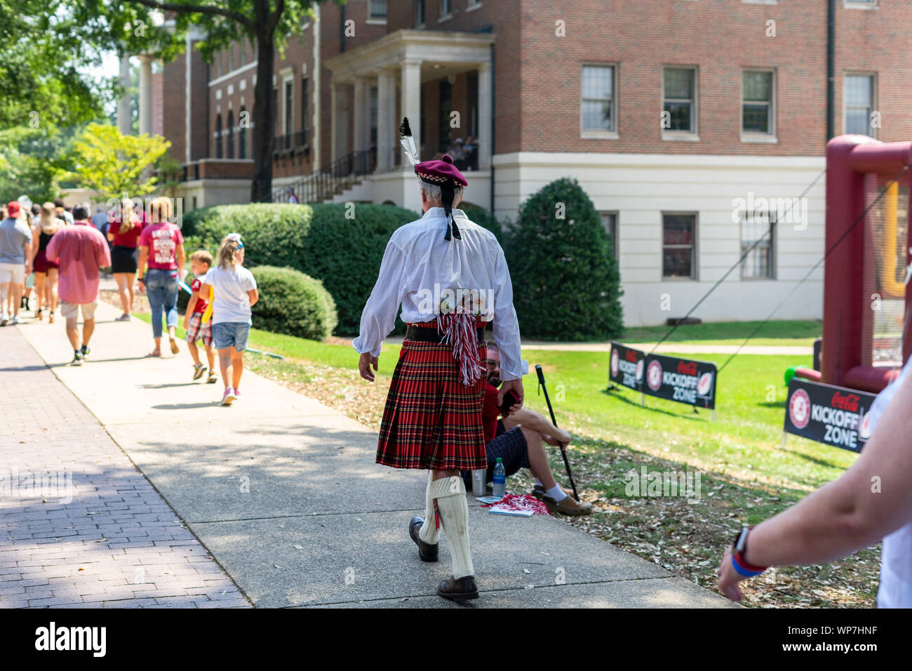 Tuscaloosa, Alabama, USA. 7th Sep, 2019. Alabama fans all have their own unique style. This fellow added a little scottish flair to the crimson and white colors of the University of Alabama. People were in Tuscaloosa, Alabama on Saturday, September 7th, 2019 for the Alabama vs New Mexico game. (Credit Image: © Tim ThompsonZUMA Wire) Stock Photo