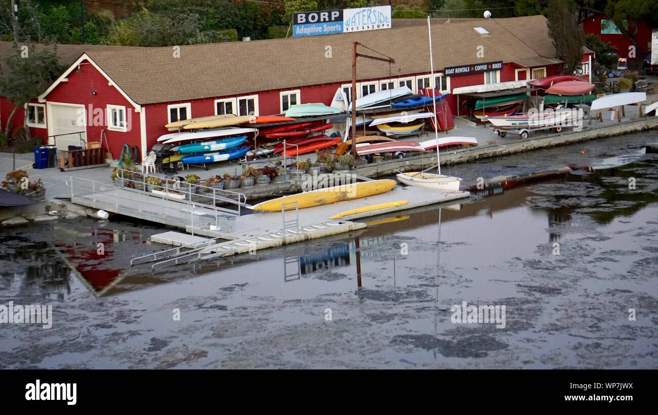 Headquarters of BORP (Bay Area Outreach & Rec Program), Aquatic Park, Berkeley. Largest adaptive cycling center in USA for people with disabilities. Stock Photo