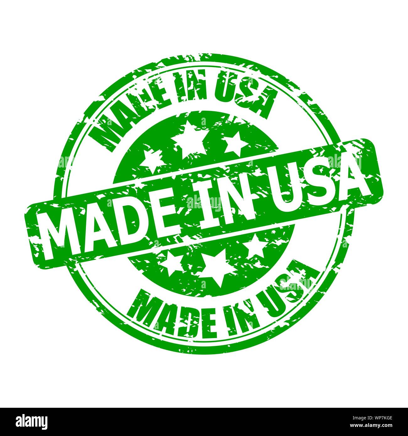 Marks texture made in USA. Seal for post to parcel or clothes. Green print made in america with stars. Vector illustration Stock Vector