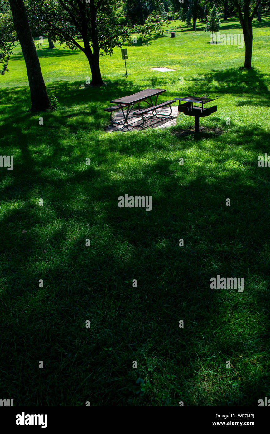 Sunlight and shadow highlight an empty picnic table and grill at a disc