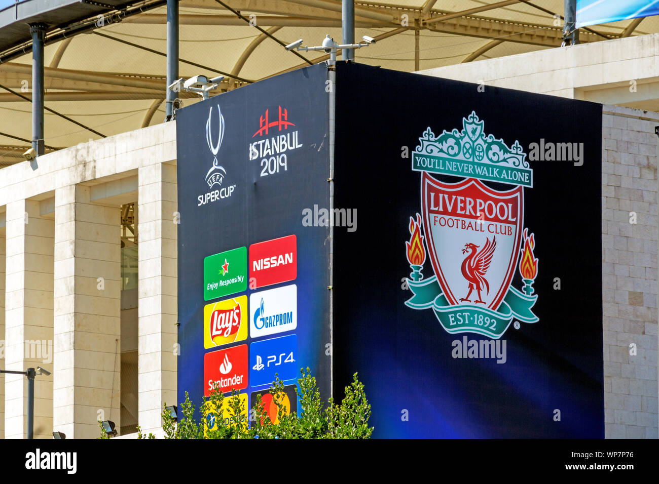 BJK Vodafone Park Stadium, Liverpool FC coverings and security cameras prior to UEFA Super Cup Final 2019. Stock Photo