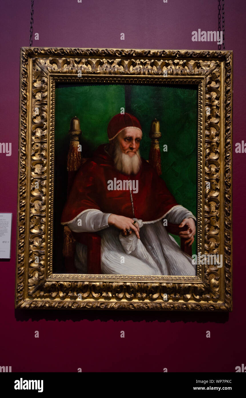 Portrait of Pope Julius II is an oil painting of 1511–12 by the Italian High Renaissance painter Raphael. Stock Photo