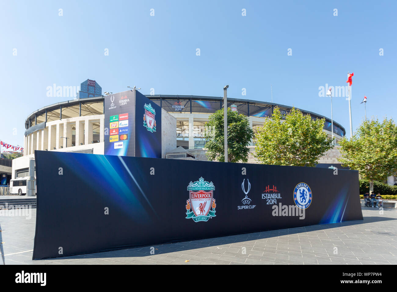 Press shooting board for Chelsea and Liverpool Football Clubs, Uefa Super Cup Final 2019 contestants, in front of the BJK Vodafone Park Stadium. Stock Photo