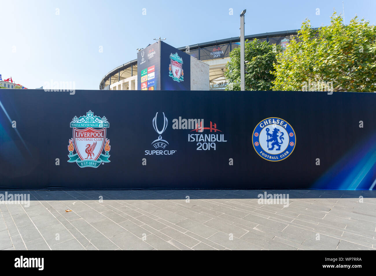 Photo shoot board for Chelsea and Liverpool FC, Uefa Super Cup Final 2019 contestants, in front of the BJK Vodafone Park Stadium a week prior to game. Stock Photo