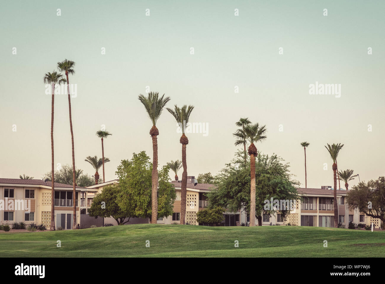 Analogue photograph of a 60s architecture apartment complex in Sun City, Arizona. Stock Photo