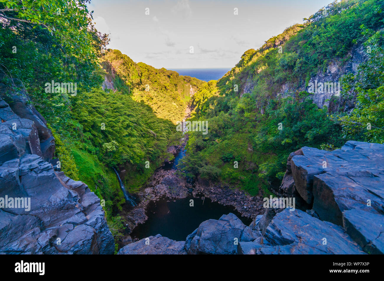 Overlooking a lush valley with waterfalls on the Road to Hana, Maui, Hawaii, USA Stock Photo