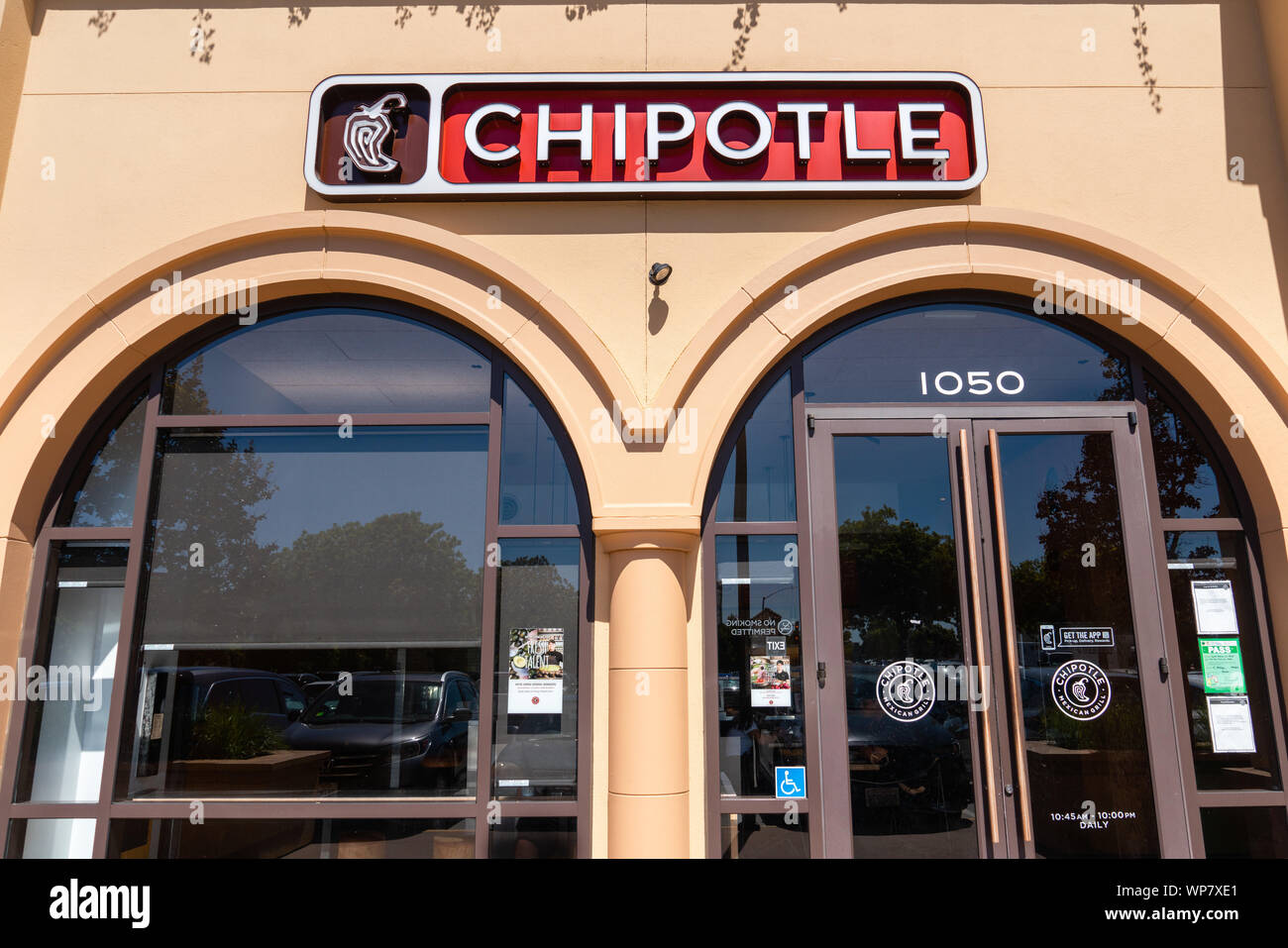 August 15, 2019 San Mateo / CA / USA - Chipotle restaurant location in San Francisco Bay; Chipotle Mexican Grill, Inc is an American chain of fast cas Stock Photo