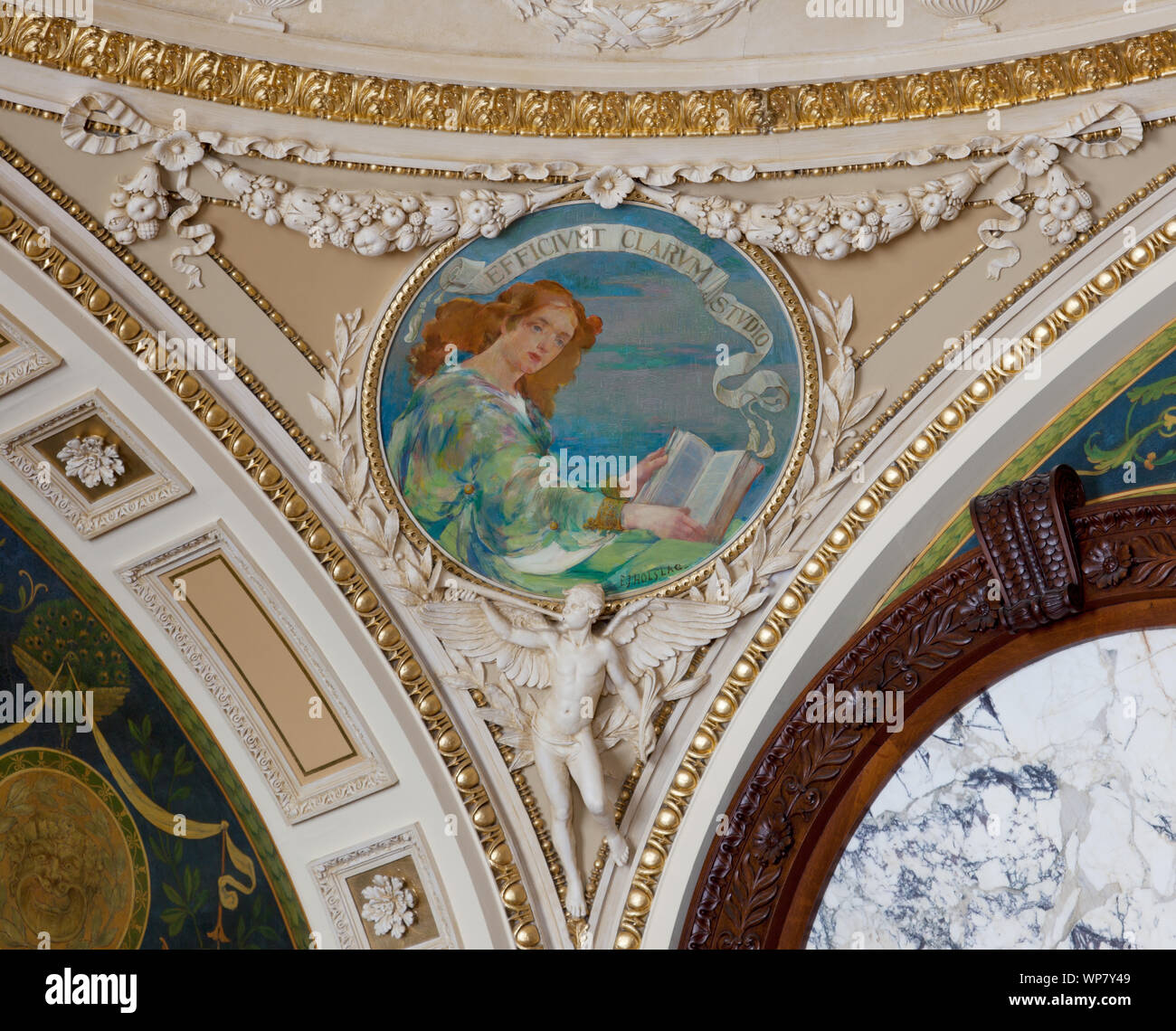 Librarian's Room. Circular Mural in pendentive illustrating Study the Watchword of Fame, by Edward J. Holslag. Library of Congress Thomas Jefferson Building, Washington, D.C. Stock Photo
