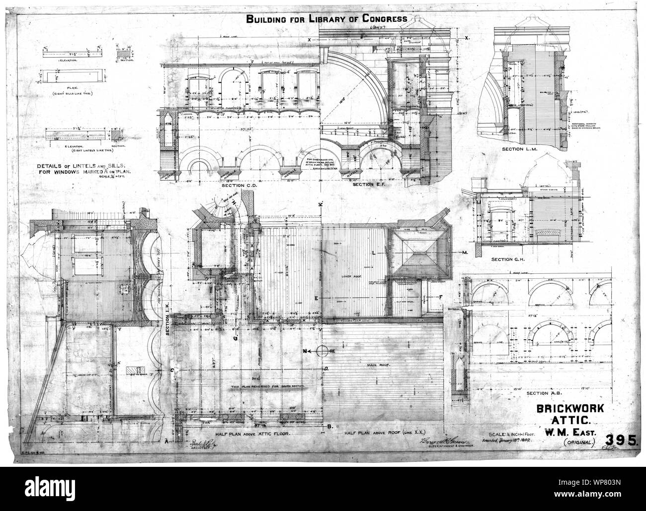 Library of Congress (Washington, D.C.). Attic. Brickwork. Plans, sections, and elevations. Working drawing] / Paul F. Pelz, architect Stock Photo