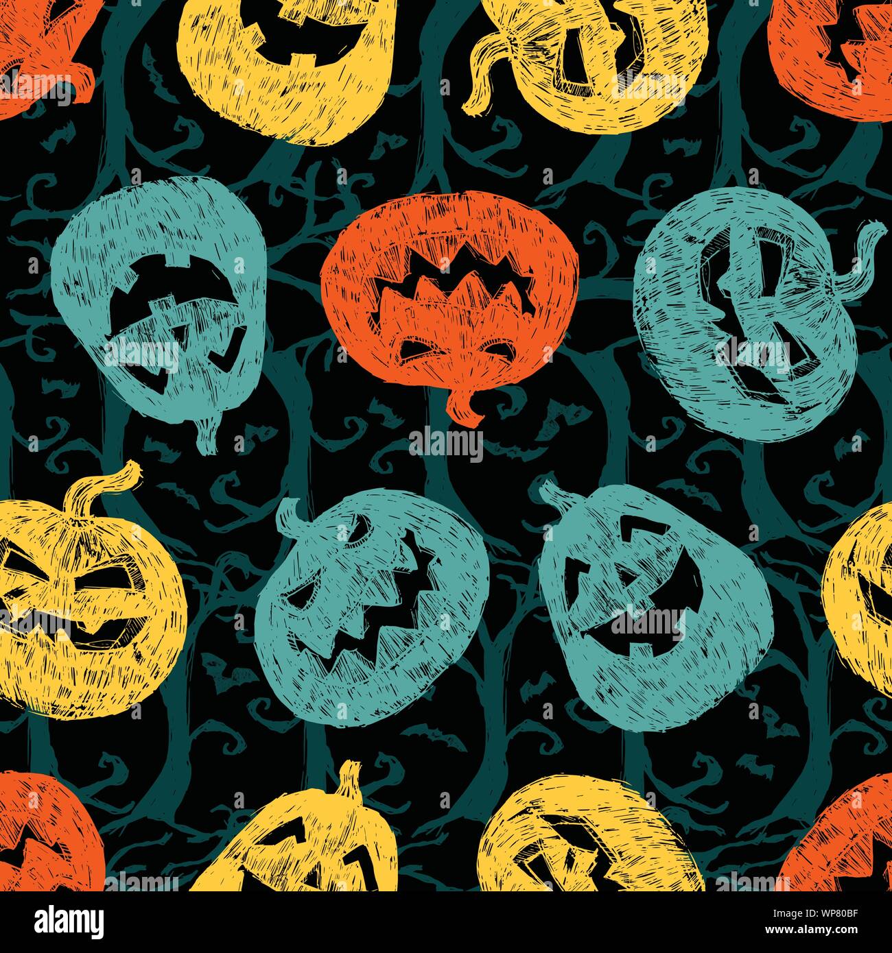 Vector hand drawn halloween colourful pumpkins repeat pattern. Suitable ...