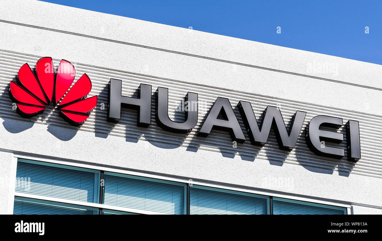September 6, 2019 Santa Clara / CA / USA - Huawei logo at their offices in Silicon Valley; Huawei is a Chinese technology company that provides teleco Stock Photo