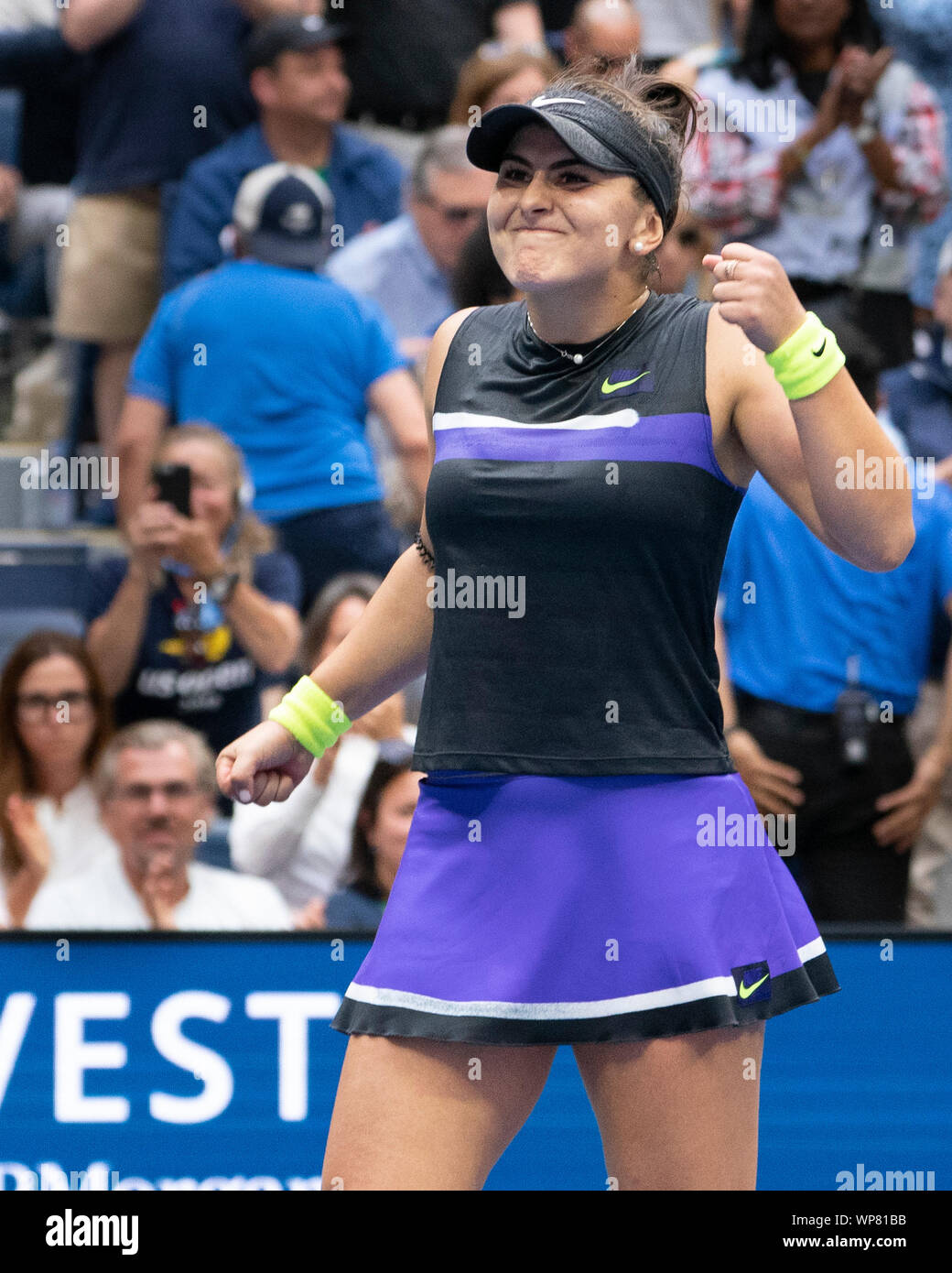 Flushing, Queens, NY, USA. 7th Sep, 2019. Bianca Andreescu (CAN) celebrates her victory over Serena Williams (USA) 6-3, 7-5, at the US Open being played at Billie Jean King National Tennis Center in Flushing, Queens, NY. © Jo Becktold/CSM/Alamy Live News Stock Photo