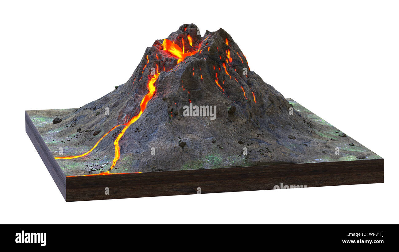 volcano erupts lava, cross section model isolated on white background (3d science render) Stock Photo