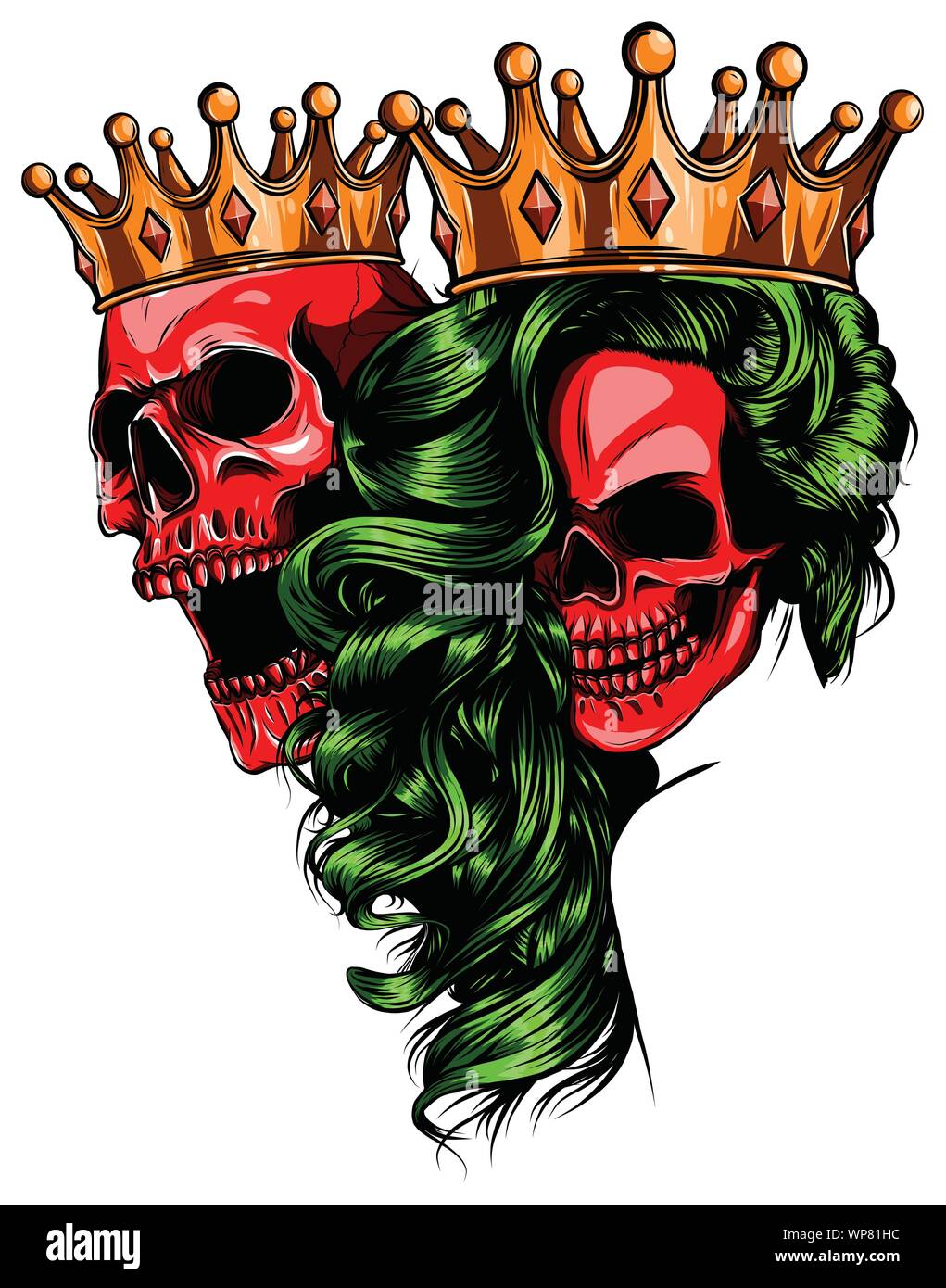 King and queen of death. Portrait of a skull with a crown. Stock Vector