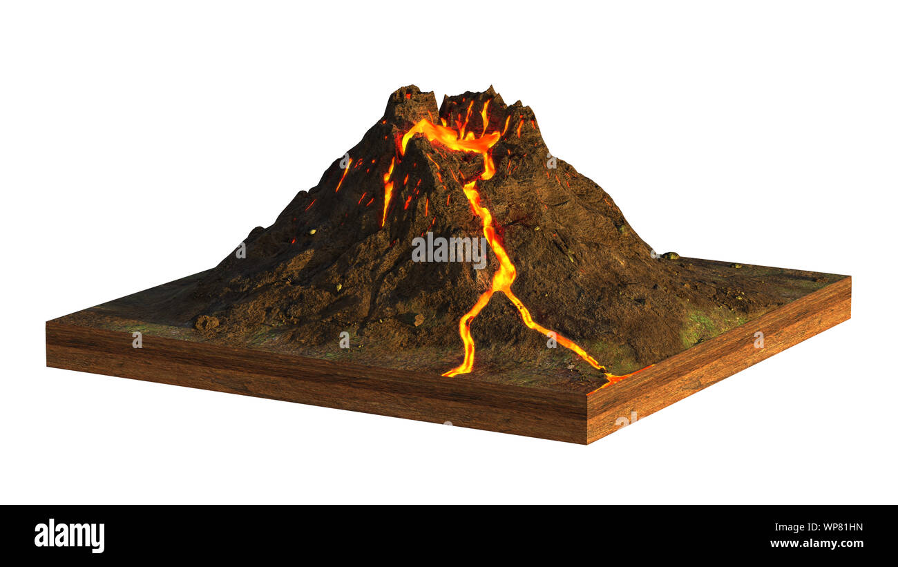 volcano erupts lava, model of a cross section of ground isolated on white background (3d science rendering) Stock Photo