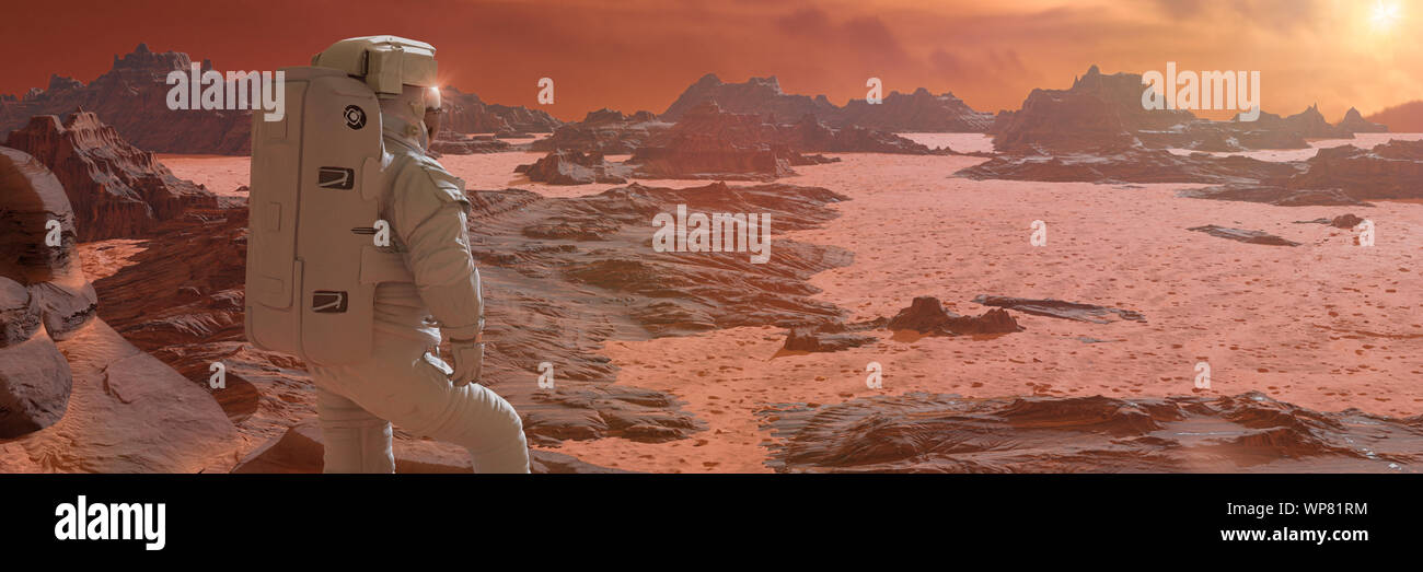 astronaut on planet Mars watching the rising Sun (3d science illustration banner) Stock Photo