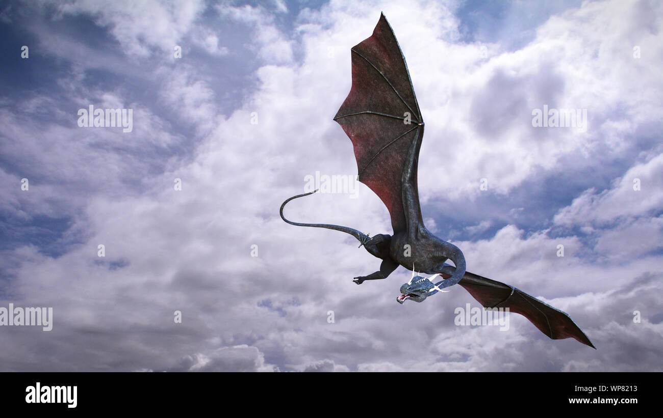 dragon, winged creature flying through the sky Stock Photo
