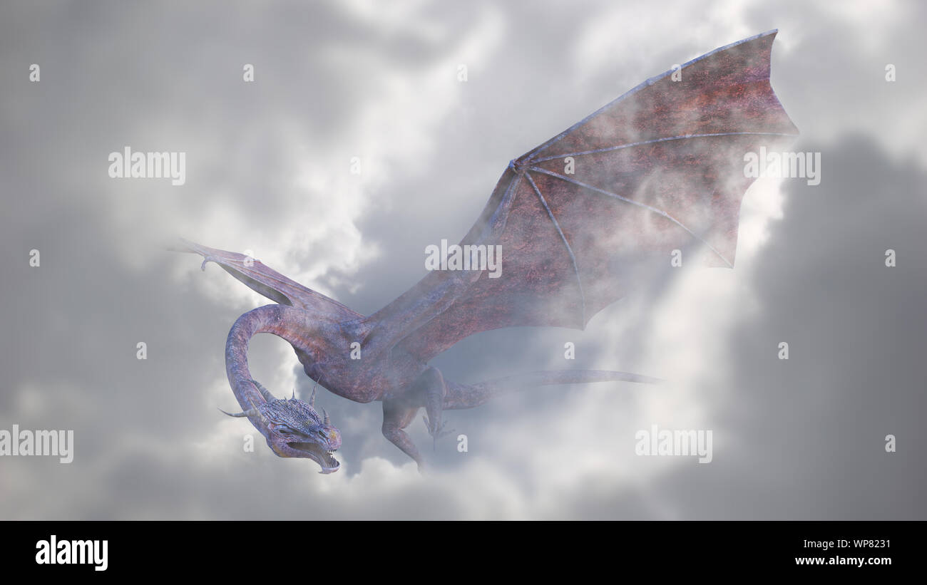 giant dragon, mythical creature flying through the clouds Stock Photo