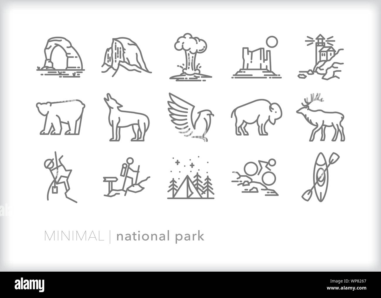 Set of 15 National Park line icons for tourists, sightseers, hiker and campers Stock Vector