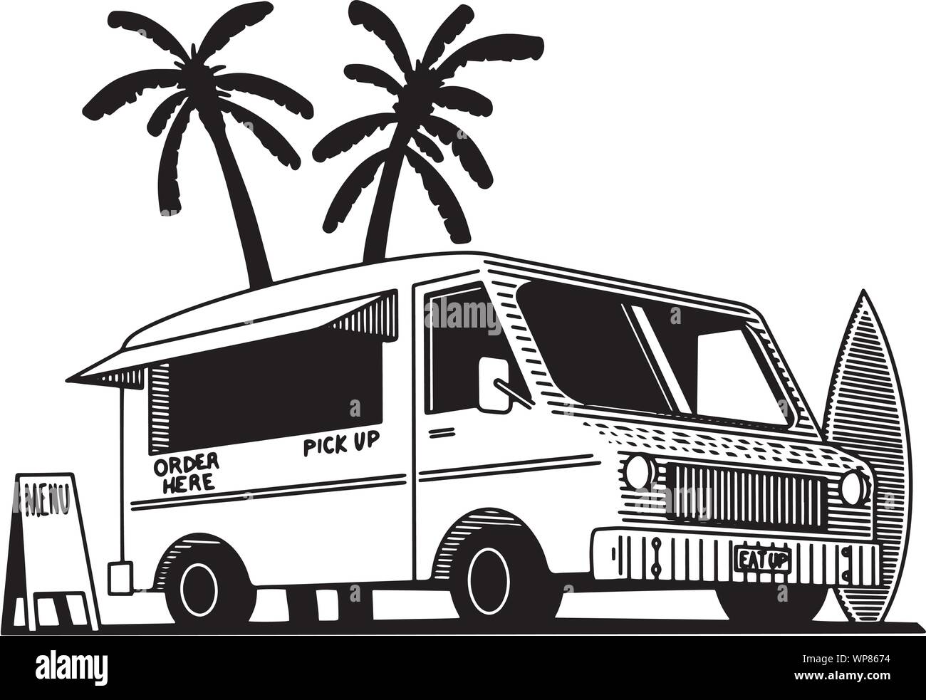 Illustration of a food truck with palm trees in the background. Stock Vector