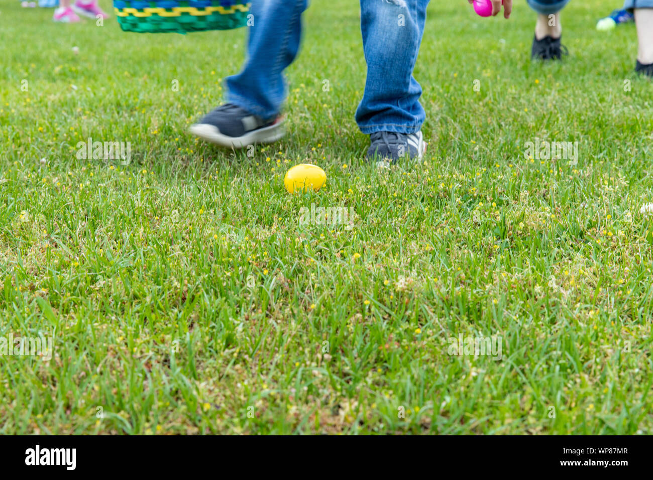 Children hunting for easter eggs in grass, copy space Stock Photo