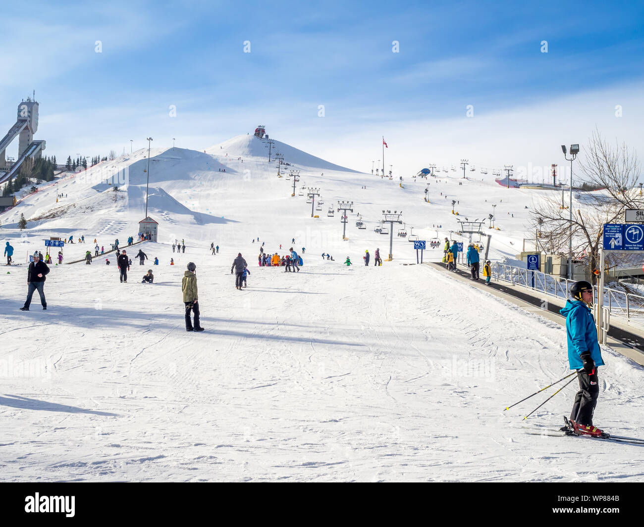 CALGARY, CANADA - MAR 1: Kids learning to ski at Canada Park on March 1, 2015 in Calgary, Alberta Canada. Visible are toddlers in a pre-school skiing Stock Photo