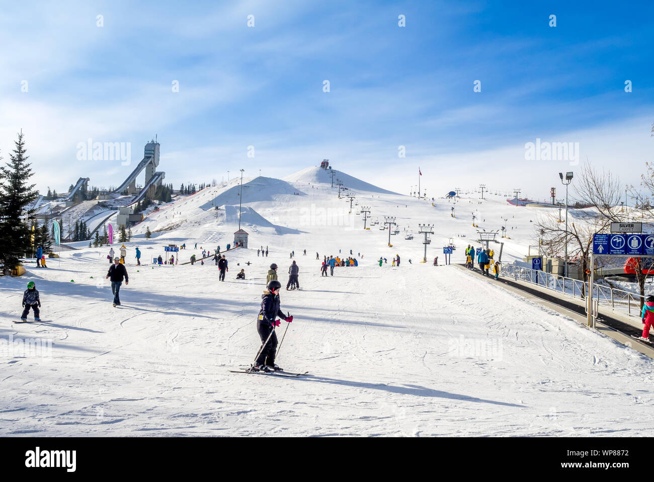 CALGARY, CANADA - MAR 1: Kids learning to ski at Canada Park on March 1, 2015 in Calgary, Alberta Canada. Visible are toddlers in a pre-school skiing Stock Photo