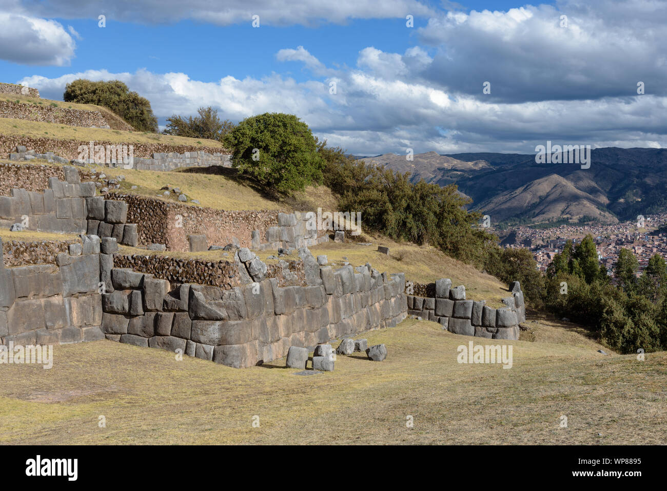 Sacsayhuaman, large fortress and temple complex by the Inca culture in the hills above Cusco, Peru, South America. Stock Photo