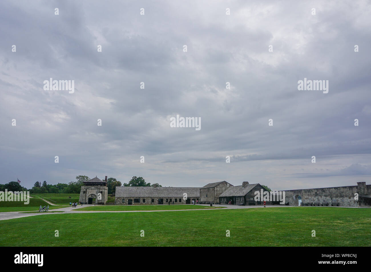 Porter, New York, USA: Visitors on the 23-acre grounds of the 18th-century Old Fort Niagara, on a cloudy day. Stock Photo