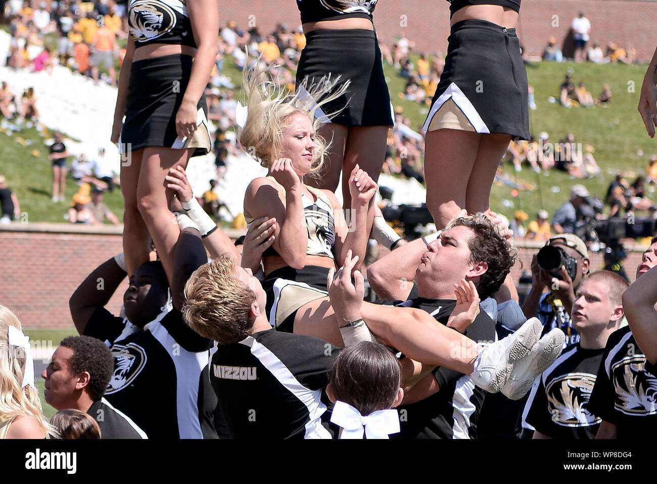 Sep 07, 2019: Missouri cheerleaders making interesting faces as they finish the catch part of the stunt during a non conference game where the West Virginia Mountaineers visited the Missouri Tigers held at Faurot Field at Memorial Stadium in Columbia, MO Richard Ulreich/CSM Stock Photo