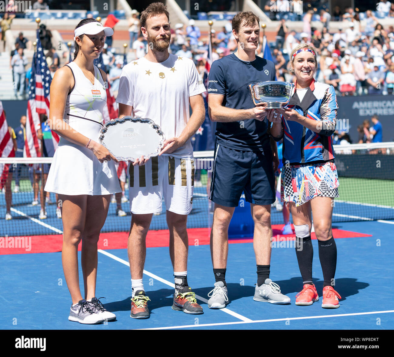 New York, NY - September 7, 2019: Bethanie Mattek-Sands (USA), Jamie Murray (Great Britain) and Hao-Ching Cahn (Taipei), Michael Venus (New Zeland) pose with there trophies after mixed doubles final match at US Open Championships at Billie Jean King National Tennis Center Stock Photo