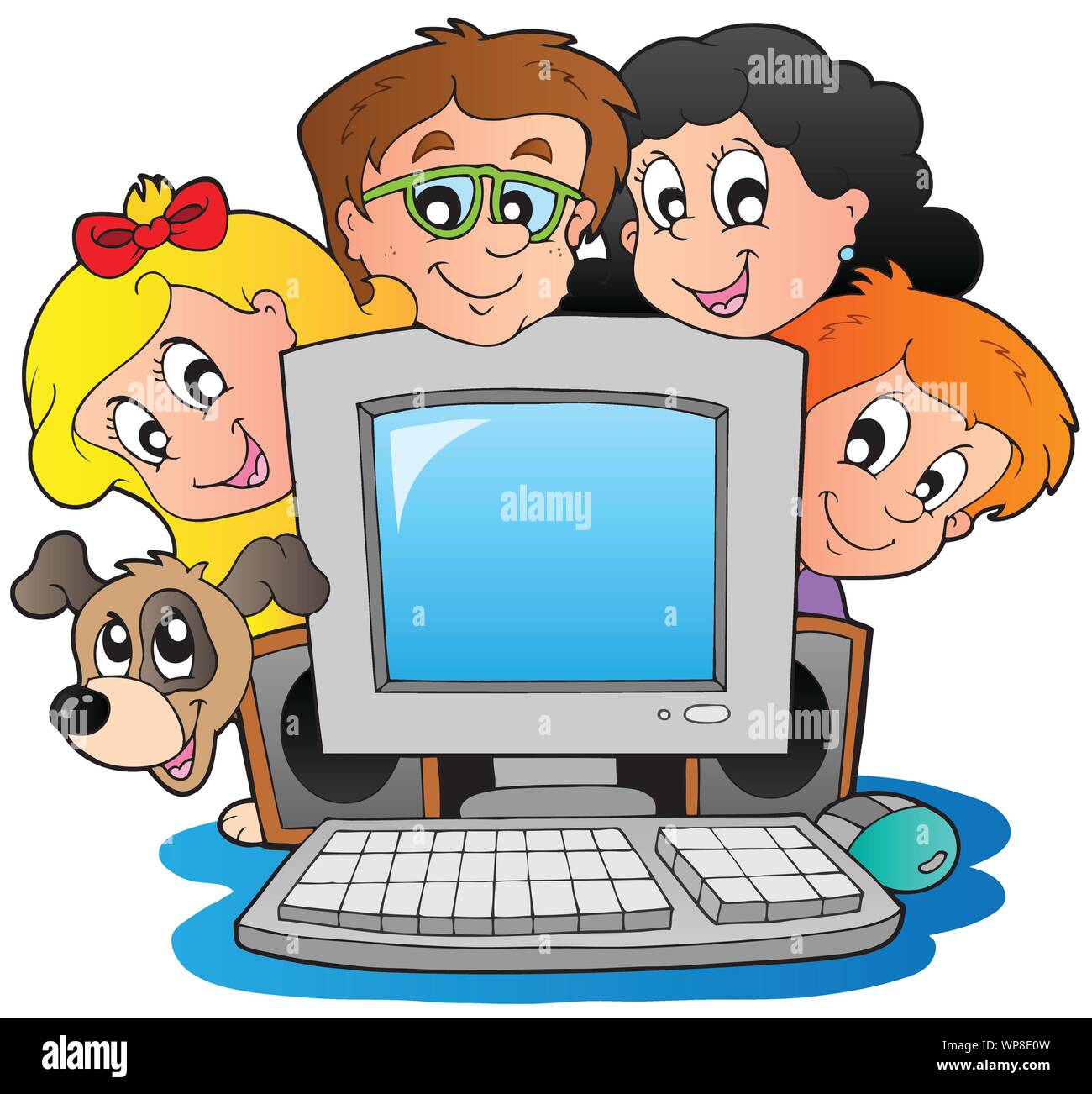 Computer with cartoon kids and dog stock vector image art alamy